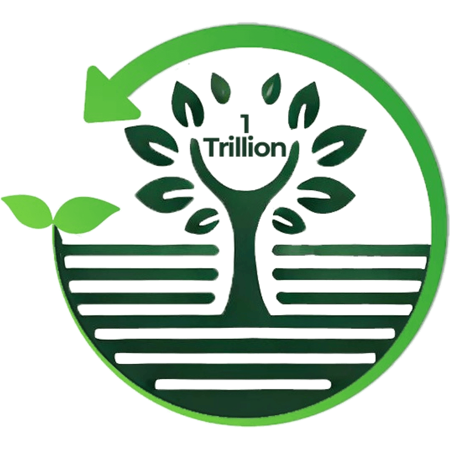The Trillion Trees mark: a tree growing from a striped field, inside a circular green arrow