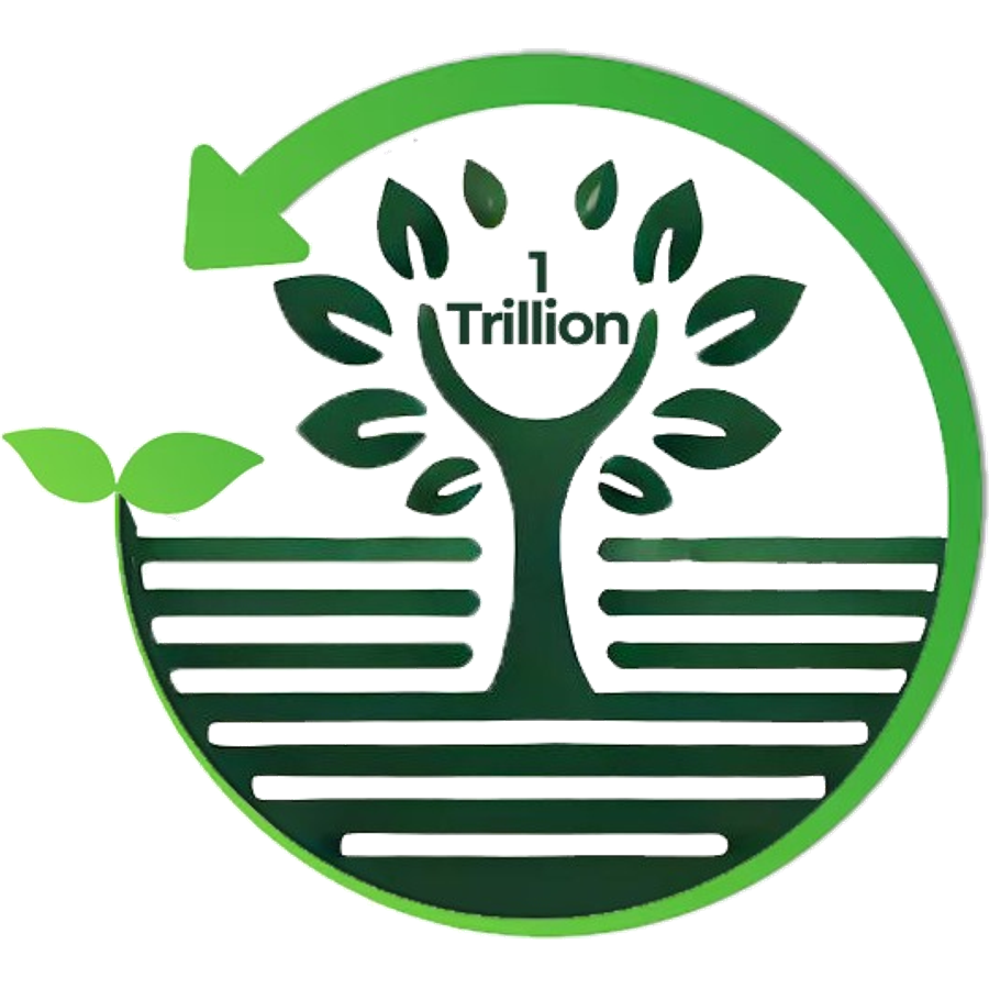 The Trillion Trees mark: a tree growing from a striped field, inside a circular green arrow